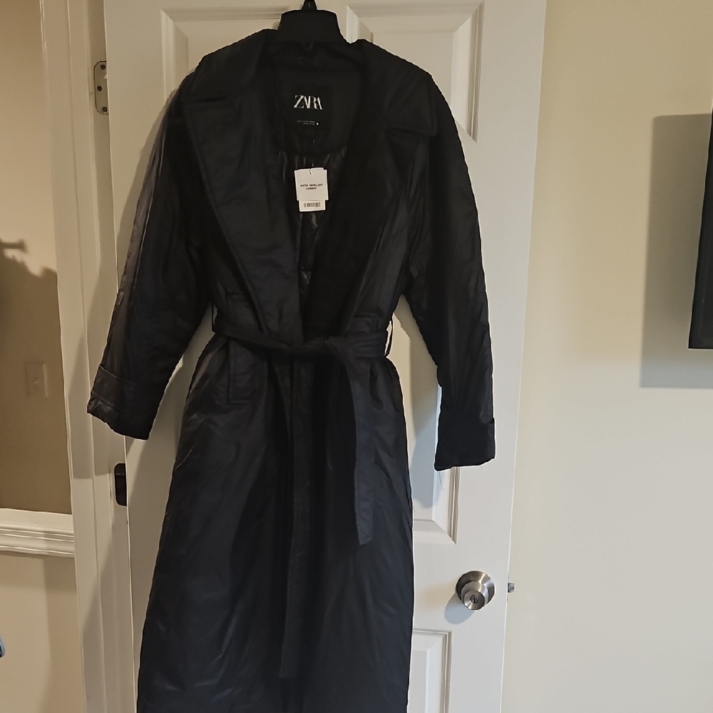 Zara Water Repellant Black Belted Long Trench Coat